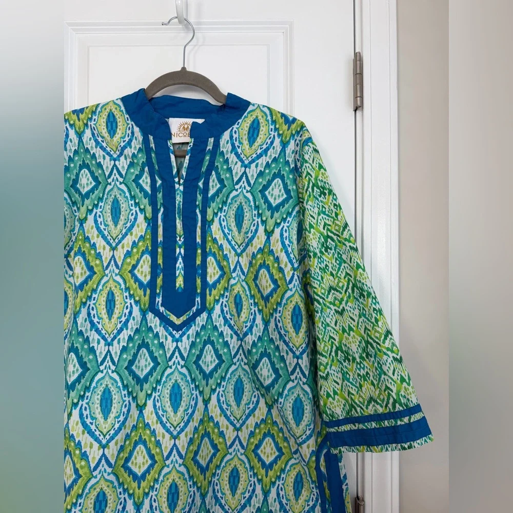 NICOBLU Nicobar Tunic Jungle Green Ikat Pullover Resortwear Cotton
